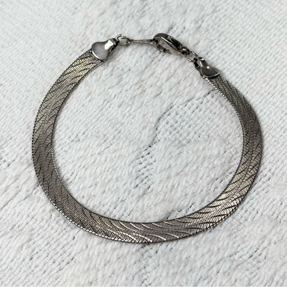 Vintage Silver Herringbone Chain Bracelet 7" Minimalist Stacking